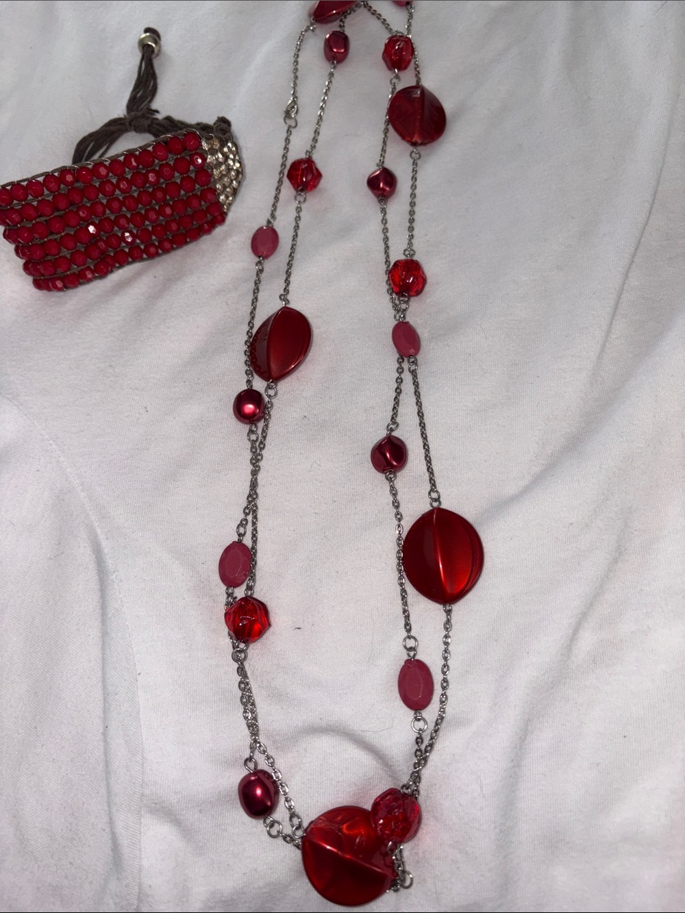 Nine West Red Long Beaded Statement Necklace